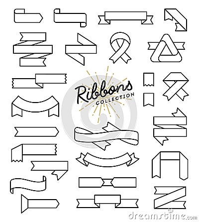 Set of variously shaped ribbon banners, thin line style design Vector Illustration