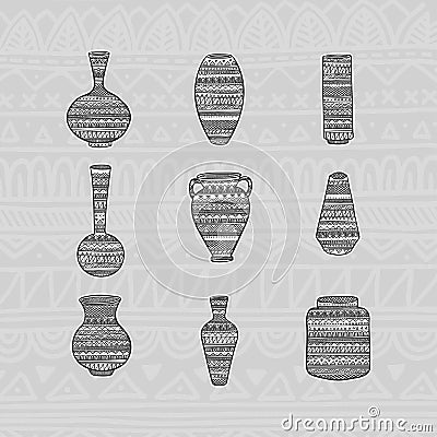 Set vases with ethnic pattern. Hand drawing. Vector illustration. Vector Illustration