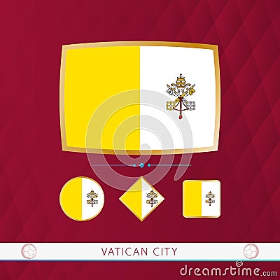 Set of Vatican City flags with gold frame for use at sporting events on a burgundy abstract background Vector Illustration