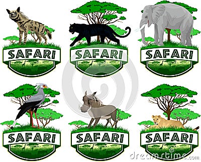 Set of vector african savannah safari emblems with lioness, elephant, black panther, secretary bird, common warthog and striped hy Vector Illustration