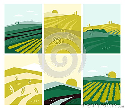 Set of vector agriculture illustrations with farming scene, farm land, nature scenery, agri landscape Vector Illustration