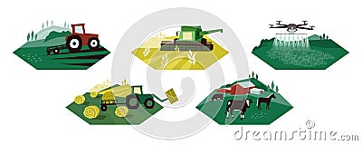 Set of vector agriculture illustrations with machinery, farming, livestock Vector Illustration