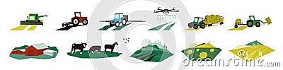 Set of vector agriculture illustrations with machinery, farming, livestock Vector Illustration