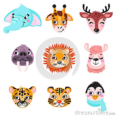 Set of vector animals in cartoon style. Cute smiley giraffe, deer, walrus, lion, jaguar, penguin, elephant, giraffe, llama. Vector Illustration