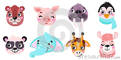 Set of vector animals in cartoon style. Cute smiley pig, panda, beaver, walrus, penguin, elephant, giraffe, llama. Cute animal fac Vector Illustration