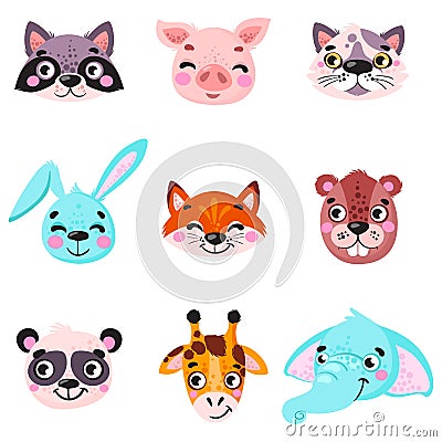 Set of vector animals in cartoon style. Cute smiley pig, panda, beaver, walrus, penguin, elephant, giraffe, llama. Cute animal fac Vector Illustration