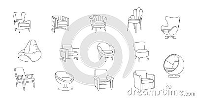 Set of vector armchairs of various shapes. Lounge chair, hand drawn outline illustration, isolated vector Vector Illustration