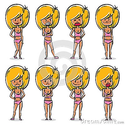 Set of vector art portraits of attractive young ladies, facial e Vector Illustration