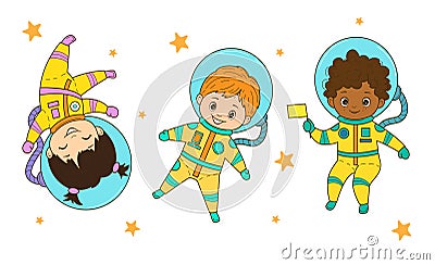 Set of vector astronaut kids. Girls and boys in astronaut costume flies Vector Illustration