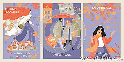 Set of vector autumn sale banners with happy people on cityscape background. Enjoy the fall with discounts Vector Illustration