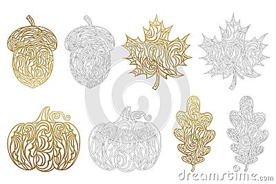 Set of vector autumn templates for laser and paper cutting. Silhouettes of pumpkin, maple and oak leaves, acorn Vector Illustration
