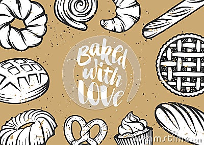 Set of vector bakery elements and handwritten lettering. Vector Illustration