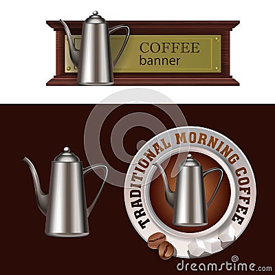 Set of vector banner, badge, sticker with icon coffee pot Vector Illustration