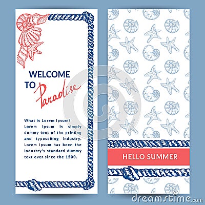 Set of vector banner templates in nautical style. Rope with knots. Hand drawn seashells and starfish doodle in sketch Vector Illustration