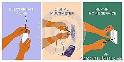 Set vector banners of electrician work, digital multimeter, repair home service, engineer hand illustration Vector Illustration