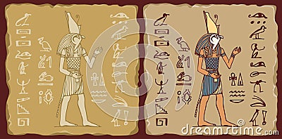 Tiles with the Egyptian God Horus and hieroglyphs Vector Illustration