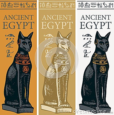 Banners with Egyptian goddess Bastet and hieroglyphs Vector Illustration