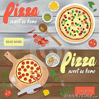 Set of vector banners with pizza restaurant advertisement. Woode Vector Illustration