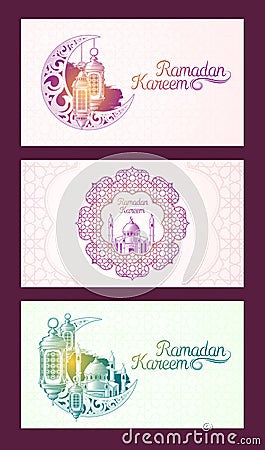 Set of vector banners for Ramadan Kareem with Ramadan lantern, towers of mosque, vintage moon and arabic pattern Vector Illustration