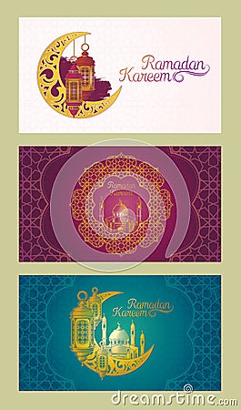 Set of vector banners for Ramadan Kareem with Ramadan lantern, towers of mosque, vintage moon and arabic pattern Vector Illustration