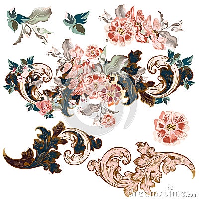 Set of vector baroque ornaments with flowers Stock Photo