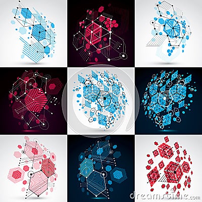 Set of vector Bauhaus abstract backgrounds made with grid and overlapping simple geometric elements, honeycombs. Retro Vector Illustration