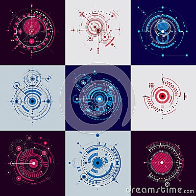 Set vector Bauhaus abstract backgrounds made with grid and overlapping simple geometric elements, circles. Retro artworks, techno Vector Illustration
