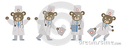 Set of vector bear doctors in medical hat with stethoscope. Cute funny animal character. Medicine picture for children. Healthcare Vector Illustration