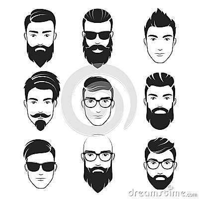 Set of vector bearded hipster men faces. Haircuts, beards, mustaches set. Handsome man emblems icons. Vector Illustration