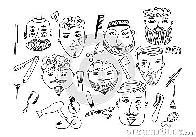 Set of vector bearded men with different haircuts, mustaches, beards. vatars, heads, emblems, icons, labels. Vector Illustration