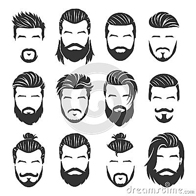 12 Set of vector bearded men faces with different haircuts and style pack Vector Illustration