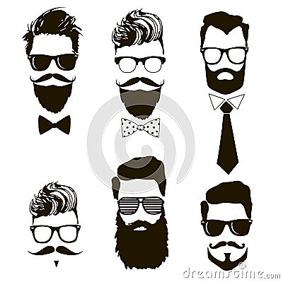 Hand drawn set of vector bearded men faces, hipsters with different haircuts, mustaches, beards, sunglasses. Vector Illustration