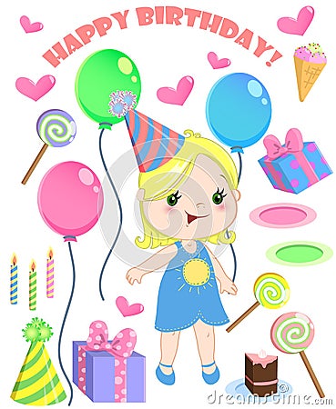 Set of vector birthday cartoon party elements and a cute girl. Vector Illustration