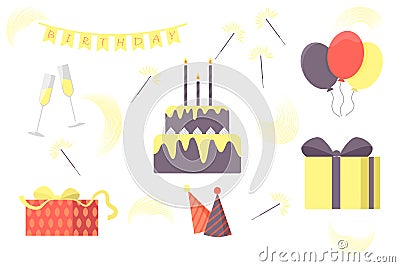 Set of vector birthday party elements. Bright balloons, flags, sparklers, cake, gifts, hubcaps, wine glasses. Vector Illustration