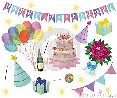 Set of vector birthday party elements. Eps 10 Stock Photo