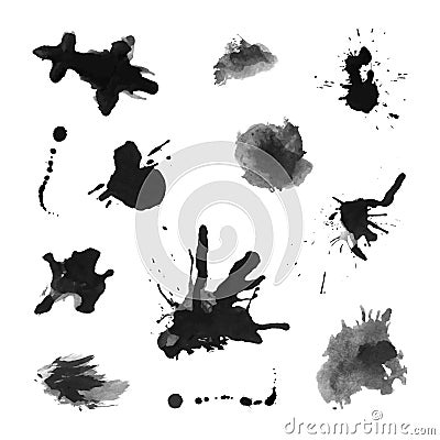 Set of Black Ink Blots isolated on white background Vector Illustration