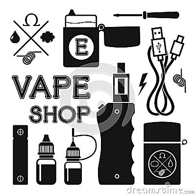 Set of vector black silhouette icons for vape shop Vector Illustration