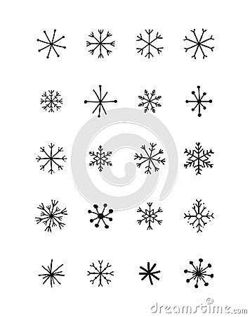 Set vector of black snowflakes hand-drawn, element on white background. Snowflakes doodle icon. Vector Illustration