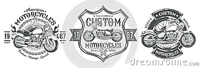 Set vector black vintage badges, emblems with a custom motorcycle Vector Illustration