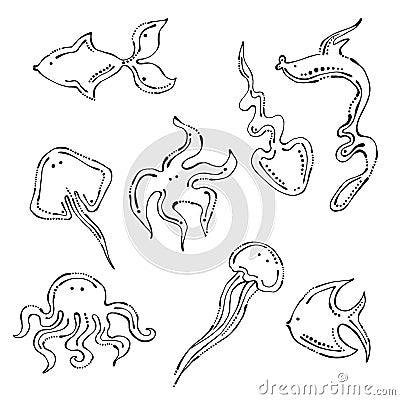 Set of vector black and white illustration of sea animals. fish, octopus, devilfish, poulpe, jellyfish, medusa, starfish isolated Vector Illustration