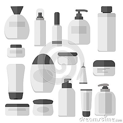 Set vector blank templates of empty and clean white plastic containers: bottles with spray, dispenser and dropper, cream Vector Illustration