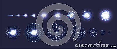Set vector of blue fireworks explode effect on dark blue background. Collection of firecracker light for animation, game. Vector Illustration