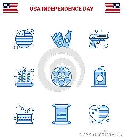 Big Pack of 9 USA Happy Independence Day USA Vector Blues and Editable Symbols of bottle; video; army; play; light Vector Illustration