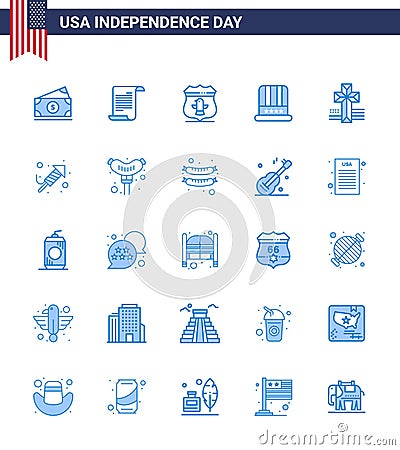 Set of 25 Vector Blues on 4th July USA Independence Day such as cross; usa; sheild; american; hat Vector Illustration