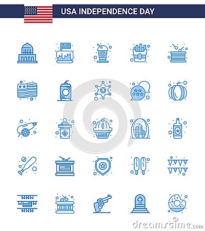 Set of 25 Vector Blues on 4th July USA Independence Day such as drum; fries; usa; food; soda Vector Illustration