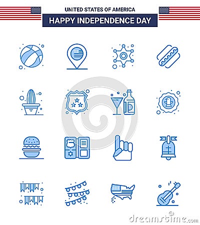 Set of 16 Vector Blues on 4th July USA Independence Day such as flower; states; men; hotdog; america Vector Illustration