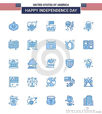 Set of 25 Vector Blues on 4th July USA Independence Day such as food; american; cake; fly; bloon Vector Illustration