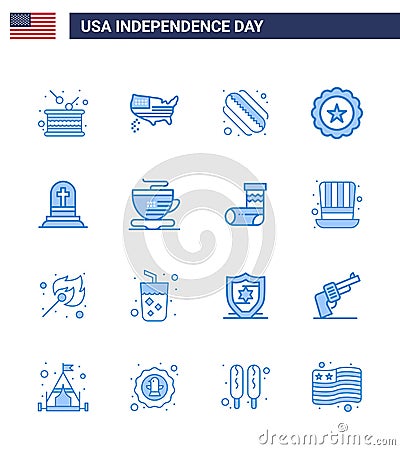 Set of 16 Vector Blues on 4th July USA Independence Day such as grave; usa; usa; sign; glass Vector Illustration