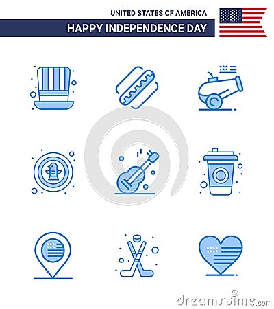 Set of 9 Vector Blues on 4th July USA Independence Day such as guiter; eagle; big gun; celebration; american Vector Illustration