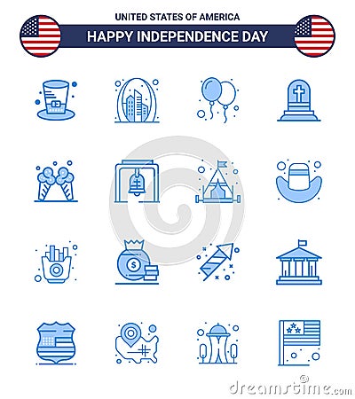 Set of 16 Vector Blues on 4th July USA Independence Day such as icecream; gravestone; usa; grave; party Vector Illustration